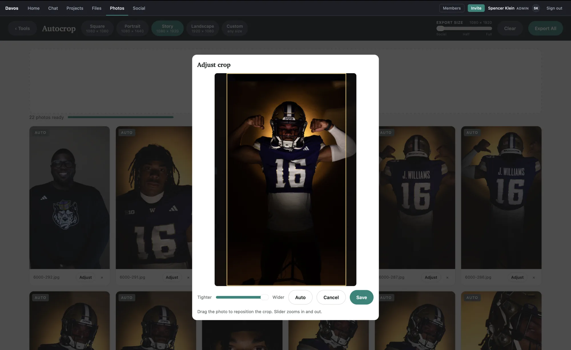 Adjusting an autocrop in Davos, dragging the crop frame over a player photo with a tighter/wider slider