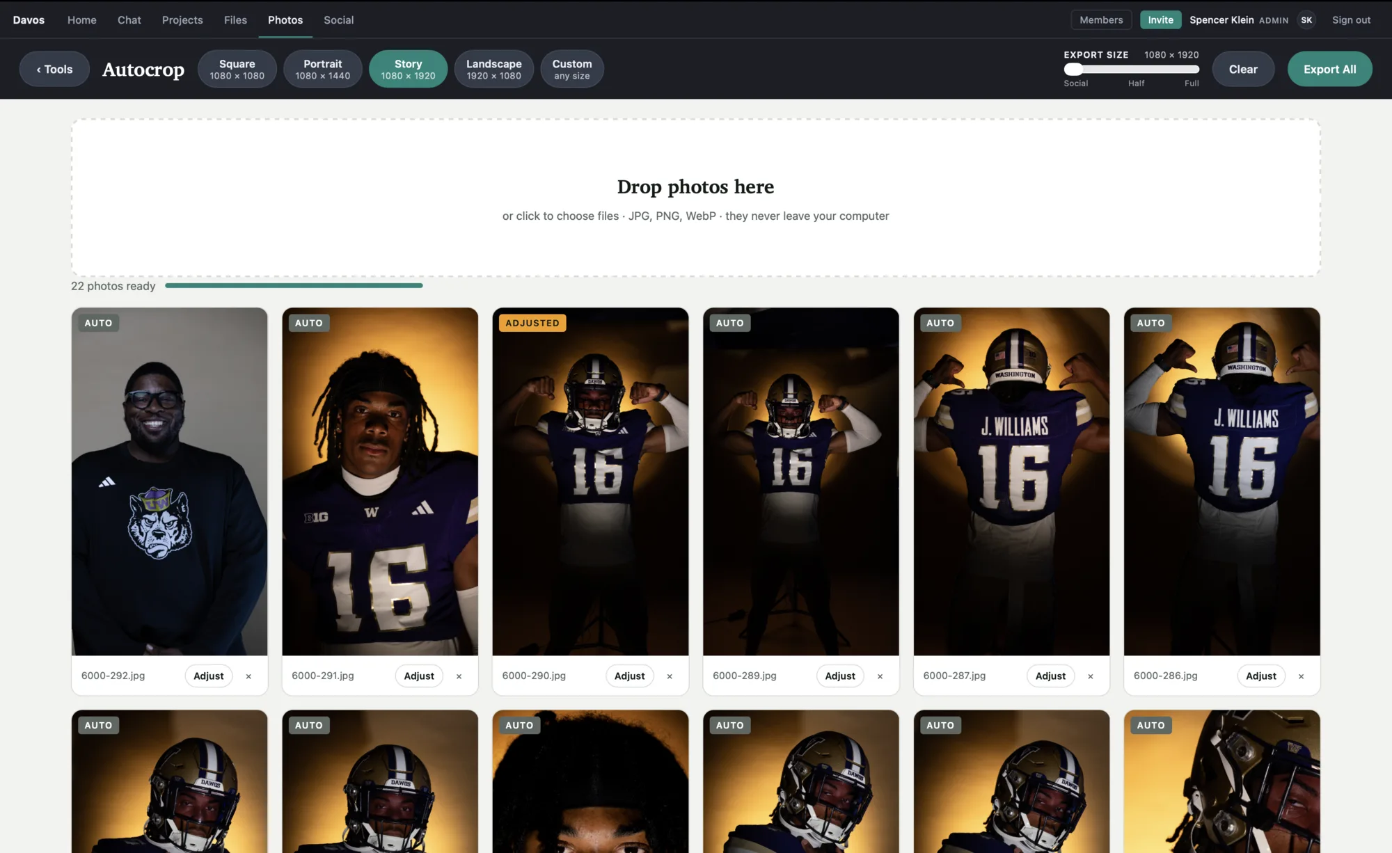 The Davos autocrop tool showing 22 player photos batch-cropped to story format