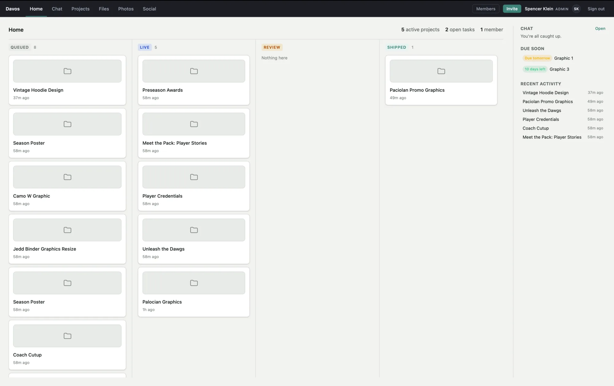 The Davos home screen: projects in queued, live, review and shipped columns, with a side rail of due dates and recent activity