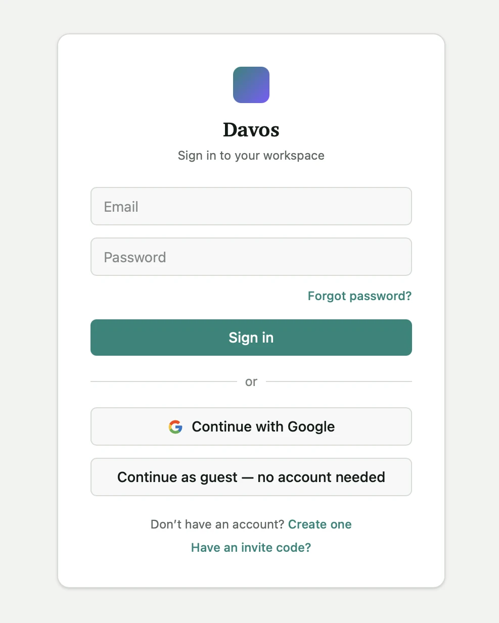 The Davos sign-in screen: email and password, continue with Google, or continue as a guest